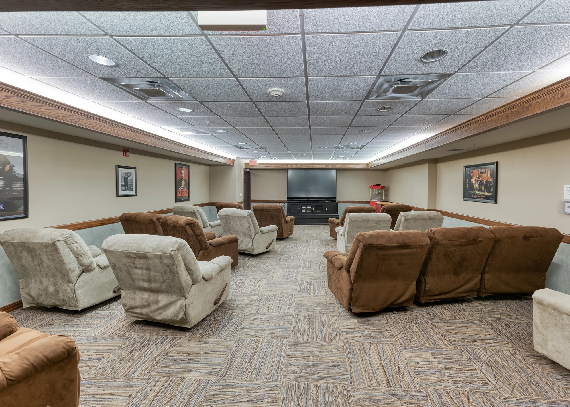 Our spacious community movie theatre room at Addington Place at Shiloh