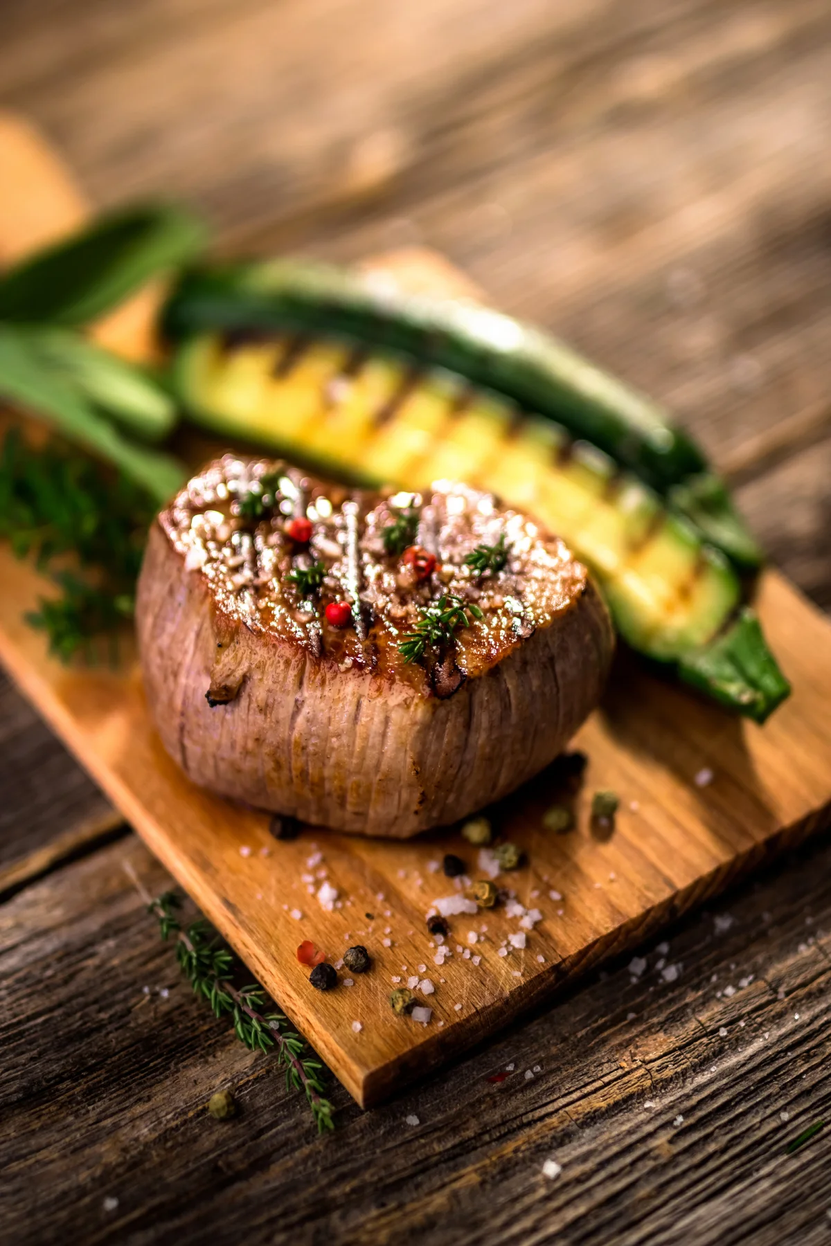 grilled steak on wooden cutting board