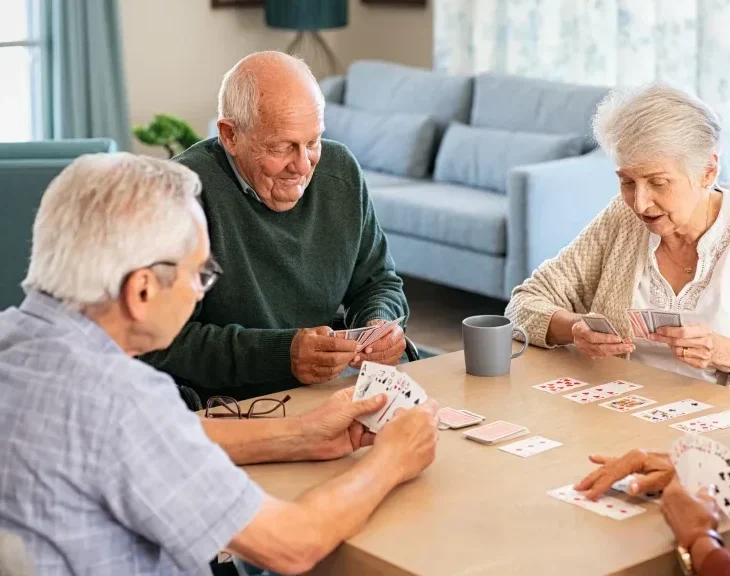 senior friends playing together in the activity room